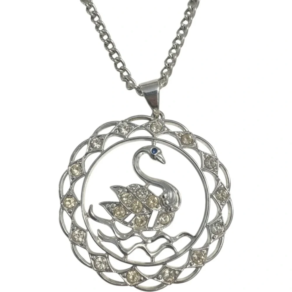 Vintage Sarah‎ Coventry Silver Tone Rhinestone Swan Pendant Necklace Large 2.5
